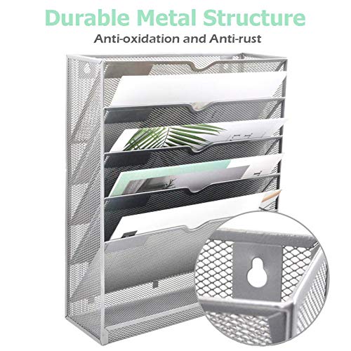 EASEPRES Mesh Wall File Organizer 6 Tier Vertical Mount Hanging Holder Magazine Rack with Bottom Flat Tray, Sides Closed, Silver - color: Silver, size: 6 Tier Upgrade