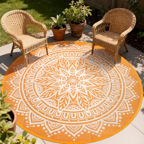 Round Outdoor Rugs Waterproof 8Ft, Outside Reversible Mats, Portable Plastic Straw Rug, Lightweight RV Camping Mat Floor Carpets for Deck Porch Picnic Patio Beach Garden, Orange/White - color: Orange/White, size: 8' (Round)