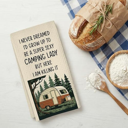 Camping Kitchen Towels 16x24 Waffle Weave, I Never Dreamed I’d Grow Up to Be a Super Sexy Camping Lady Dish Towels, Camp RV Gifts for Women, Gifts for Campers -A06 - color: Camping_06