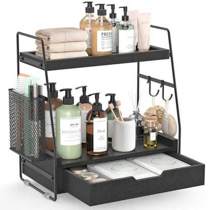 2-Tier Bathroom Counter Organizer with Drawer and Removable Basket, Wood Vanity Countertop Storage for Perfume, Makeup, Skincare, Bathroom Counter Shelf, 13" x 7.9" x 14.5", Black - color: Black