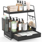 2-Tier Bathroom Counter Organizer with Drawer and Removable Basket, Wood Vanity Countertop Storage for Perfume, Makeup, Skincare, Bathroom Counter Shelf, 13" x 7.9" x 14.5", Black - color: Black