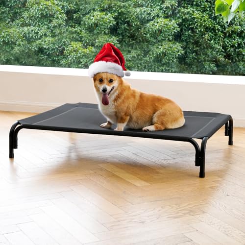 Elevated Dog Bed Raised Outdoor Dog Cot for Medium Dogs, Installation Requires No Tools, Frame with Washable Cooling Breathable Mesh Anti-Slip Feet, Indoor Pet Bed, Black, 35.4 Inches - color: Black, size: M-35.4"L×25.6"W×7.9"Th