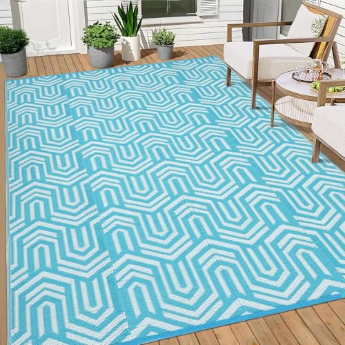 9x12 Outdoor Rug Waterproof Foldable Plastic Straw Carpet for Patio Porch Abstarct Line Reversible Mat Lightweight Floor Mat for Picnic, Backyard, Rv, Beach, Deck, Camper, Balcony，Light Blue - color: Abstarct - Light Blue, size: 9' x 12' (Rectangular)