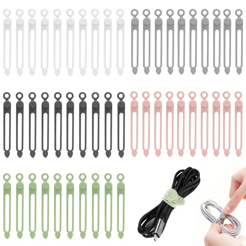 50 Pcs Silicone Cable Ties, Reusable Cable Straps Wire Organizer, Cable Management Cord Organizer for Fastening Earphone Phone Charger Home Office Desk Kitchen Appliances Cable Cords Wires - color: C-50pcs 5 Colors