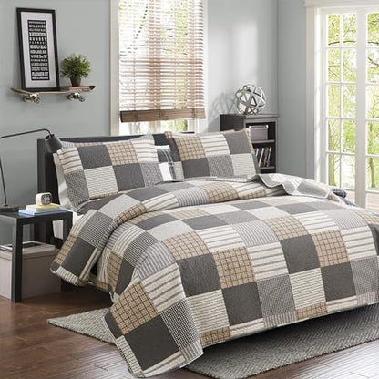 Plaid Quilt Set - Queen Size Bedspread & Coverlet - Brown White Plaid - Lightweight & Reversible - Soft Microfibers - All Season - color: Brown Plaid Patchwork, size: Full/Queen