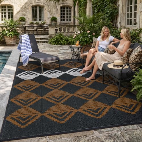Lahome Outdoor Plastic Straw Rug, Reversible Outdoor Rug Waterproof 6x9 Patio Rugs, Camping Rugs for RV Backyard Deck Porch Picnic Beach Trailer (Black/Brown, 6' x 9') - color: Black/Brown/Checkered, size: 6'x9'