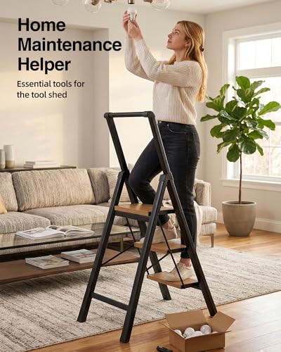 3 Step Ladder,Folding Step Stool with Aluminum Wide Pedal& Convenient Handgrip,330lbs Capacity Steel Ladder for Household and Office(Black &Woodgrain) - color: Black&woodgrain, size: 3 Step