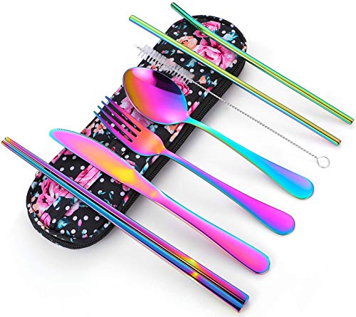 Travel Utensils,Reusable Silverware Set To Go Portable Cutlery Set with a Waterproof Carrying Case for Lunch Boxes Workplace Camping Picnic (Rainbow) - color: Rainbow