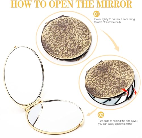 Retro metal compact travel mirror 1x/2x magnification compact portable foldable, used as a compact magnifying glass for wallets and pockets, distortion free folding portable compact mirror (bronze)