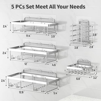 Liuoud 5 Pack Shower Caddy Organizer Rack Shelf for Inside Shower, Self Adhesive Bathroom Wall Storage Basket Rustproof Stainless Steel Large Capacity Shampoo Holder, Silver - color: Silver
