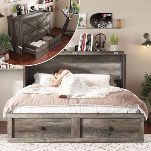 AMERLIFE Queen Murphy Bed with Storage & Charging Station, Farmhouse Murphy Cabinet with Foldable Panel, Noisy Free, for Living Room, Guest Bedroom, Office, Rustic Grey - color: Rustic Grey, size: Queen