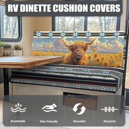 RV Sofa Covers - Elastic Camper Cushion Slipcovers, Aztec Cattle Sunflower Non-Slip Furniture Protector for RV Dinette & Travel Trailer (Indoor Use, Lightweight) - color: Aztec Cattle Sunflower