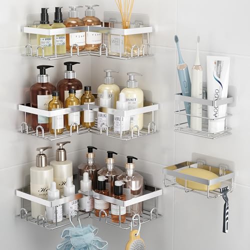 Liuoud Corner Shower Caddy 5 Pack, Rustproof Stainless Steel Shower Organizer with Soap Rack Toothbrush Holder, Large Capacity Adhesive No Drilling Bathroom Kitchen&Home Decor Set, Silver - color: Silver