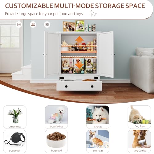 Dog Feeding Station with Storage, Metal Dog Food Storage Cabinet with 2 Elevated Bowls and 3 Hooks, Pet Feeding Station and Dogs Food Storage Organizer, White - size: Metal White