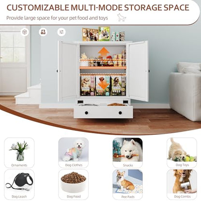 Dog Feeding Station with Storage, Metal Dog Food Storage Cabinet with 2 Elevated Bowls and 3 Hooks, Pet Feeding Station and Dogs Food Storage Organizer, White - size: Metal White
