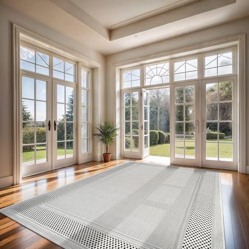 CAMILSON Easy Jute Rug 8x10, Indoor Outdoor Off-White Color Fiber Area Rugs for Entry, Living Room and Bedroom Rug, Bordered Boho Woven Design, Easy-Cleaning, Washable Outside Carpet (8 x 10) - color: Bordered/Bone-black, size: 8' x 10' (Rectangular)