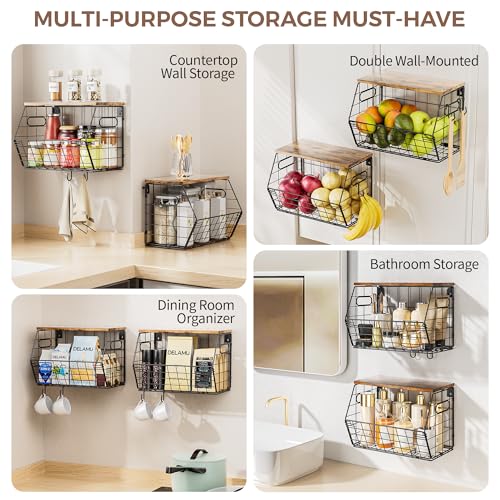 Delamu Stackable Metal Fruit Basket with Wood Lid 2 Pack, Hanging Wall Organizer for Kitchen Counter, Pantry Storage for Onions, Potatoes, Garlic, Fruits, Spices, Black - size: 2 Pack