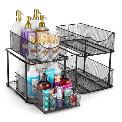 Sorbus 2 Sets of 2 Tier Metal Under Sink Organizer for Bathroom, Kitchen, Strong Steel Mesh Sliding Drawers for Under Sink, Under Cabinet, Closet, Kitchen, Pantry, Bathroom Organizers and Storage - color: Black, size: 2 Pack