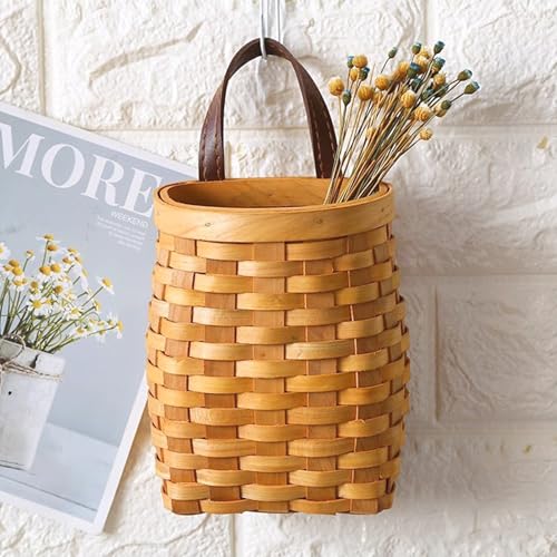 Hanging Wall Basket Wood Woven Basket, Small Hanging Basket for Wall Decor, Decorative Flower Basket for Front Door