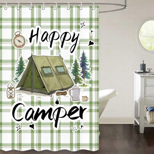 Happy Camper RV Shower Curtain Rustic Pine Tree Adventure Tent Camping Waterproof Fabric Bathroom Curtains Travel Trailer Bathroom Accessories Set with Hooks 47 x 64 Inches - color: Sage, size: 47"W x 64"L (Pack of 1)