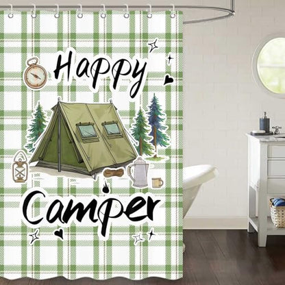 Happy Camper RV Shower Curtain Rustic Pine Tree Adventure Tent Camping Waterproof Fabric Bathroom Curtains Travel Trailer Bathroom Accessories Set with Hooks 47 x 64 Inches - color: Sage, size: 47"W x 64"L (Pack of 1)