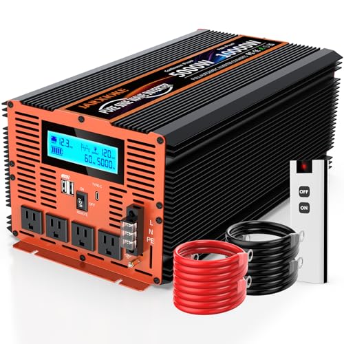 5000 Watt Pure Sine Wave Power Inverter 12V DC to 110V 120V Converter for Family RV Off Grid Solar System Car with Type-C Ports 4 AC Power Outlets Dual USB Ports LCD Display and Remote Control - size: ZXB-12V-5000W