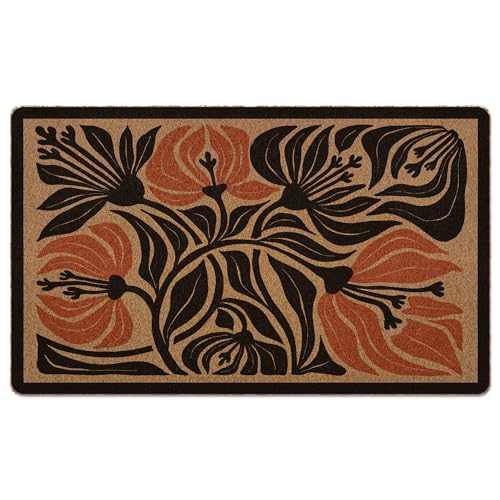 Boho Door Mat, Floral Doormat, Boho Abstract Black Flower Welcome Front Door Mat Indoor Outdoor Entrance, Floral Artificial Coir Doormats Rugs for Porch Patio Entryway Home Room Decor 30x17in - color: Floral-5