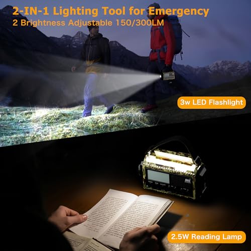 12000mAh/44400mWh Weather Radio, Hand Crank Emergency Radio Portable AM FM Shortwave, Solar Rechargeable Battery Powered Radio with NOAA Alert, USB-C Charger & Adapter, SOS Flashlight for Emergency - color: Camo Green