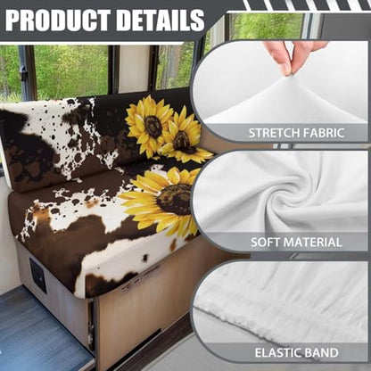 Cow Print Sunflower RV Dinette Cushion Covers 2 Pack RV Replacement Stretch Sofa Seat Slipcovers Universal Comfortable Camper Cushion Slipcover RV Accessories for Inside - color: Cow Print Sunflower