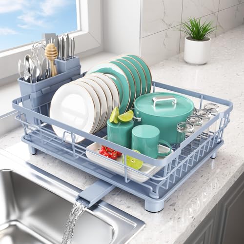Dish Drying Rack - Space Saving Dish Rack - Dish Racks for Kitchen Counter with Drainboard,Rustproof Dish Drainer with Removable Utensil Holder,Blue - color: 1 Tier-blue