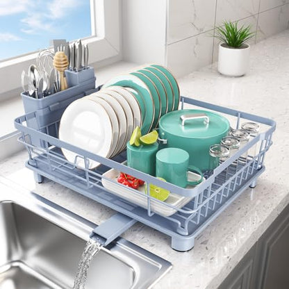 Dish Drying Rack - Space Saving Dish Rack - Dish Racks for Kitchen Counter with Drainboard,Rustproof Dish Drainer with Removable Utensil Holder,Blue - color: 1 Tier-blue
