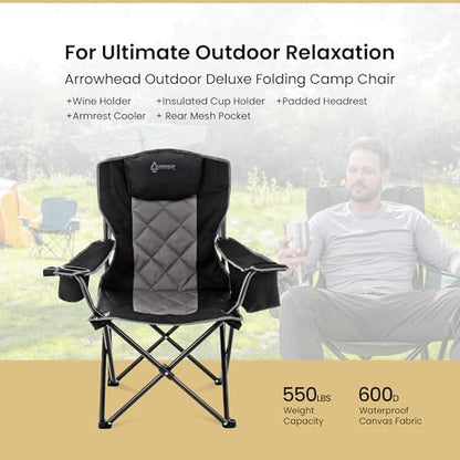 ARROWHEAD OUTDOOR 2-Pack Portable Deluxe Folding Camp Quad Chair w/Headrest, Glass & Cup Holders, Armest 6-can Cooler, Heavy Duty Carry Bag, 550 lbs Weight Capacity - color: Black 2pack