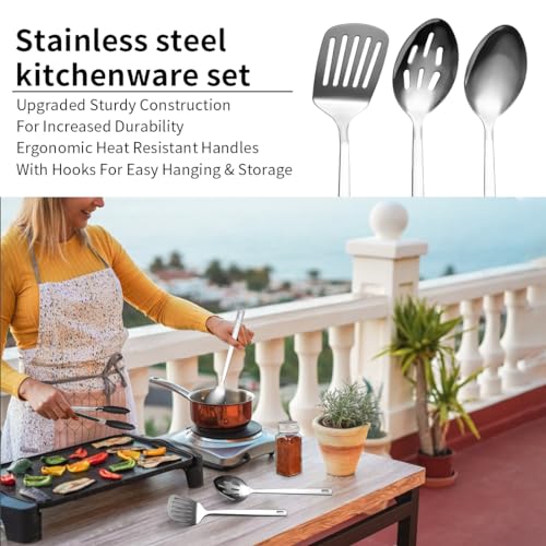 Evanda Camping Kitchen Cooking Utensil Set 10 Piece, Stainless Steel Outdoor Cooking and Grilling Utensil Organizer Travel Set Perfect for Travel, Camping, RVs, BBQs, Picnics, Parties and More