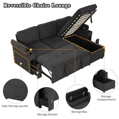 83.5" L-Shaped Foldable Sofa Couch, Modern Chenille Pull Out Couch with UAB, Convertible Love Seat Sofa Bed with Adjustable Back and Pillow for Living Room, RV, Small Spaces (Black, 83.5") | Modern Chenille - color: Black, size: 83.5"