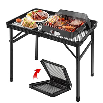 Grill Table Camping Table Portable Folding Table,Height Adjustable Collapsible with Mesh Desktop,Lightweight Metal Table for Camp, BBQ, Picnic, RV, Outdoor Cooking, Travel