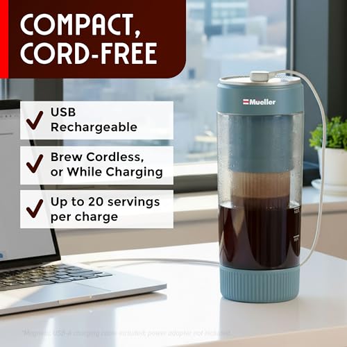 Mueller RapidBrew Cold Brew Iced Coffee Maker – 10 Min Fast Brew Portable Rechargeable Cold Brew Machine for Coffee & Tea – Adjustable Strength 10-99 Min – 20 Servings Per Charge, Mineral Blue - color: Mineral Blue