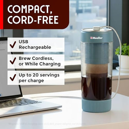 Mueller RapidBrew Cold Brew Iced Coffee Maker – 10 Min Fast Brew Portable Rechargeable Cold Brew Machine for Coffee & Tea – Adjustable Strength 10-99 Min – 20 Servings Per Charge, Mineral Blue - color: Mineral Blue