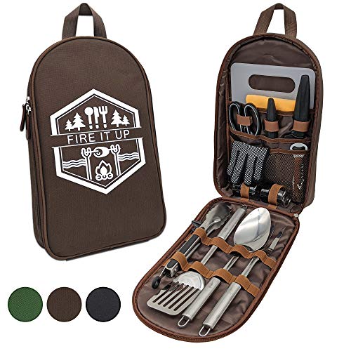 13 PC Grilling and Camping Cooking Utensils Set for The Outdoors BBQ - Stainless Steel Camp Kitchen Set Cookware Grill Tool Accessories Kit with Lightweight Stylish Crossbody Carrying Bag (Brown) - style: Brown Lite