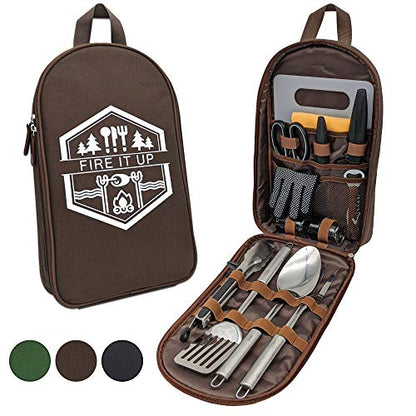 13 PC Grilling and Camping Cooking Utensils Set for The Outdoors BBQ - Stainless Steel Camp Kitchen Set Cookware Grill Tool Accessories Kit with Lightweight Stylish Crossbody Carrying Bag (Brown) - style: Brown Lite