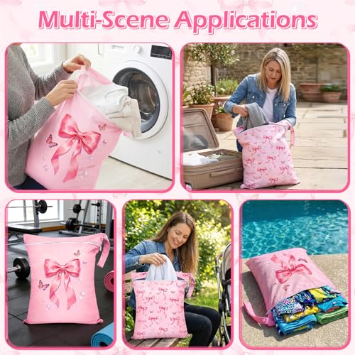 2 Pcs Large Travel Laundry Bags Waterproof Wet Dry Bag, Washable Dirty Clothes Bags for Travel，Drawstring, Bathing Suit, Workout, Gym Clothes Laundry, Swimming Pool & College Dorm, Pink Butterfly Bow - color: Pink Butterfly Bow