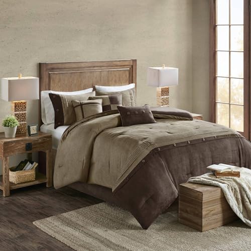 Madison Park Boone Cozy Comforter Set, Faux Suede, Deluxe Hotel Styling All Season Down Alternative Bedding Matching Shams, Decorative Pillow, Queen (90 in x 90 in), Rustic Brown 7 Piece - color: Brown, size: Queen (90 in x 90 in)