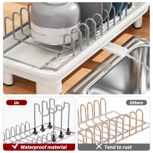 SanDream Small Dish Drying Rack with Removable Utensil Holder & Anti-Scratch Base - Stainless Steel Dish Rack, Dish Drying Rack with Drainage & Space Saving Design for Kitchen Counter, White - color: White