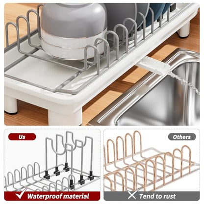 SanDream Small Dish Drying Rack with Removable Utensil Holder & Anti-Scratch Base - Stainless Steel Dish Rack, Dish Drying Rack with Drainage & Space Saving Design for Kitchen Counter, White - color: White