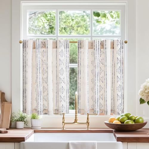 jinchan Boho Kitchen Curtains Linen Cafe Tier Curtains 24 Inch Bohemian Geometric Striped Mudcloth Small Window Drapes for Living Room Bathroom Cabinet Light Filtering Back Tab 2 Panels Blue on Flax - color: Boho Blue on Beige, size: 38"W x 24"L (Pack of
