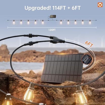 addlon 120FT(114+6) Solar String Lights Outdoor, Waterproof Solar Powered Outside Lights with Remote & USB Port, ST38 LED Shatterproof Bulbs, Dimmable Solar Light for Camping Backyard Porch - size: 120FT