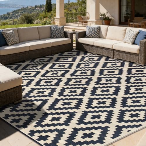 SAND MINE Reversible Mats, Plastic Straw Rug, Modern Area Rug, Large Floor Mat and Rug for Outdoors, RV, Patio, Backyard, Deck, Picnic, Beach, Trailer, Camping (10' x 10', Black & Beige Lattice) - color: Black & Beige, size: 10'x 10'