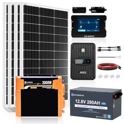 [Ultra] ECO-Worthy 12V 400W Complete Solar Panel Kit for RV Off Grid Travel Trailer : 4 * 100W Solar Panel + 40A MPPT Controller + 12V 280Ah Lithium Battery + 2000W Power Inverter+Monitor Module - style: Ultra 400W 12V Complete Kit