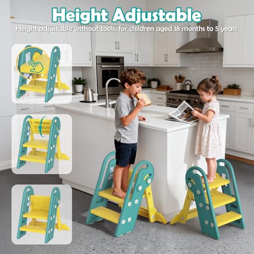 Onasti Folding Step Stool with Adjustable Height, 3-Step Converts to 2-Step, Sturdy Anti Slip Bathroom Step Stool for Toilet, Bathroom Sink, Kitchen Counter, Space Saving Design for Home Use- Green - color: Green Yellow