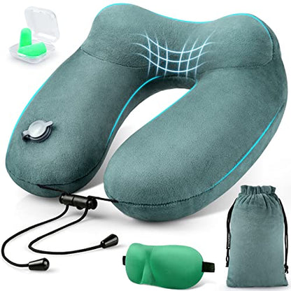 Compact Travel Neck Pillow for Airplanes, Super Soft Velvet Neck Support, Adjustable Firmness, Inflatable Plane Pillow for Long Flights, Road Trips, Travel Essentials with Eye Mask, Earplug - color: Dark Green