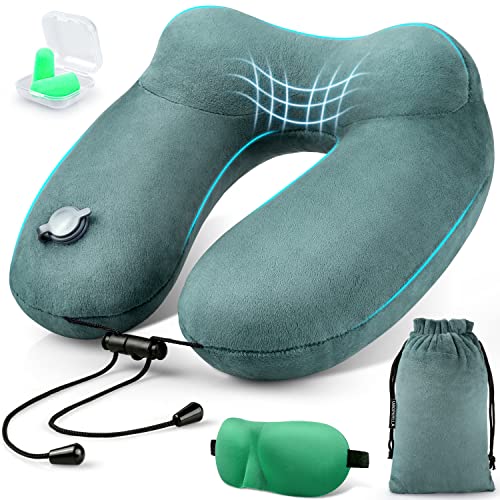 Compact Travel Neck Pillow for Airplanes, Super Soft Velvet Neck Support, Adjustable Firmness, Inflatable Plane Pillow for Long Flights, Road Trips, Travel Essentials with Eye Mask, Earplug - color: Dark Green